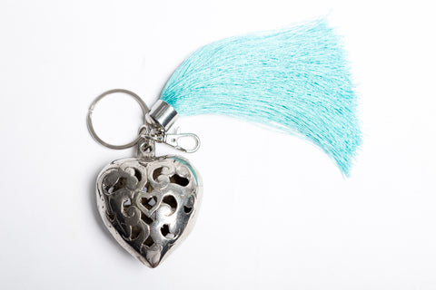 Silver Heart & Tassel Keyring - Aqua