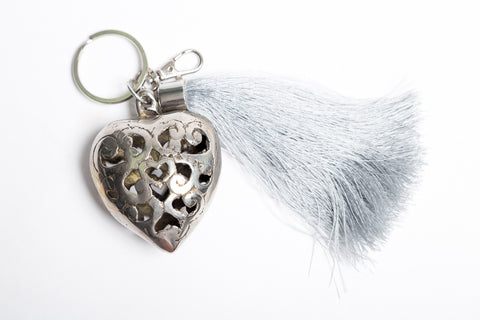 Silver Heart & Tassel Keyring - Grey