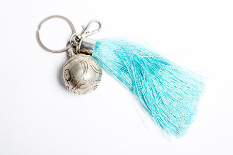Silver Ball & Tassel Keyring - Aqua