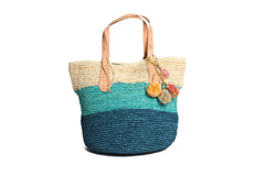 Bondi Multi Raffia Beach Bag in Natural Aqua Blue