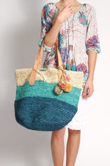 Bondi Multi Raffia Beach Bag in Natural Aqua Blue