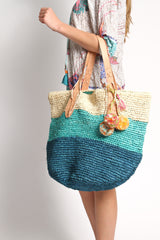 Bondi Multi Raffia Beach Bag in Natural Aqua Blue