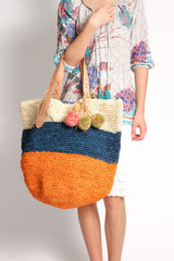Bondi Multi Raffia Beach Bag in Natural Blue Orange