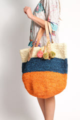 Bondi Multi Raffia Beach Bag in Natural Blue Orange
