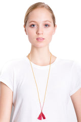 Gold Bead Tassel Necklace (Cherry)