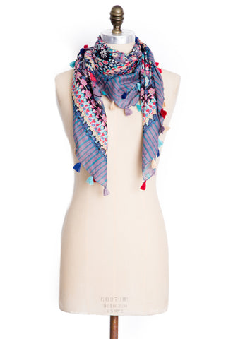 Floral Tassel Scarf in Sky