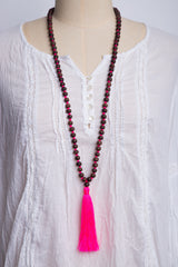 Dark Wood Bead Necklace (Hot Pink)