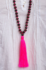 Dark Wood Bead Necklace (Hot Pink)